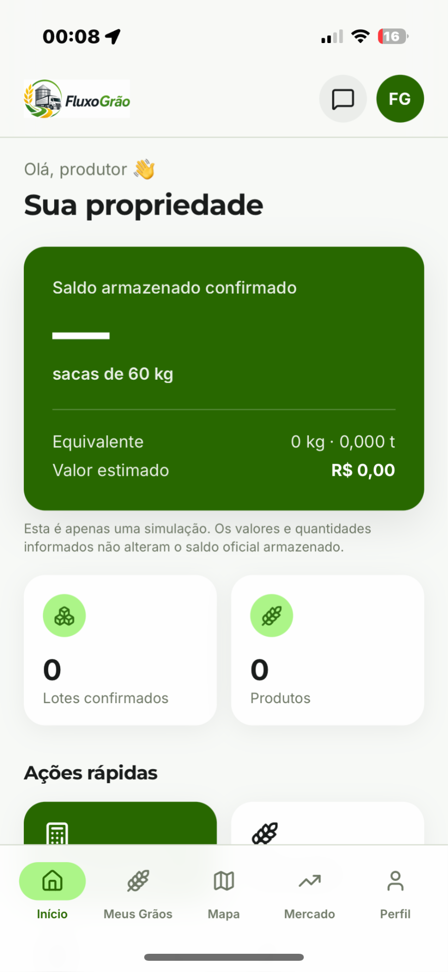 Tela inicial do aplicativo FluxoGrão mostrando saldo armazenado, lotes confirmados e ações rápidas