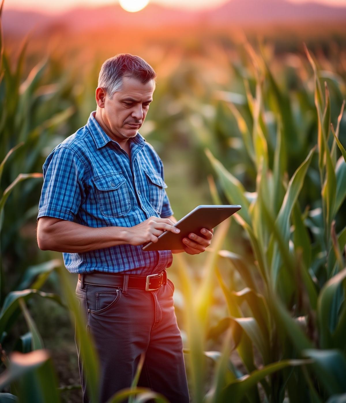 Produtor rural utilizando um tablet em lavoura de milho